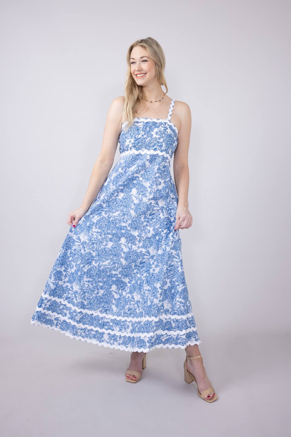 Simply Southern Women's Dresses Scalloped Maxi Dress for Women in Blue Vintage Floral
