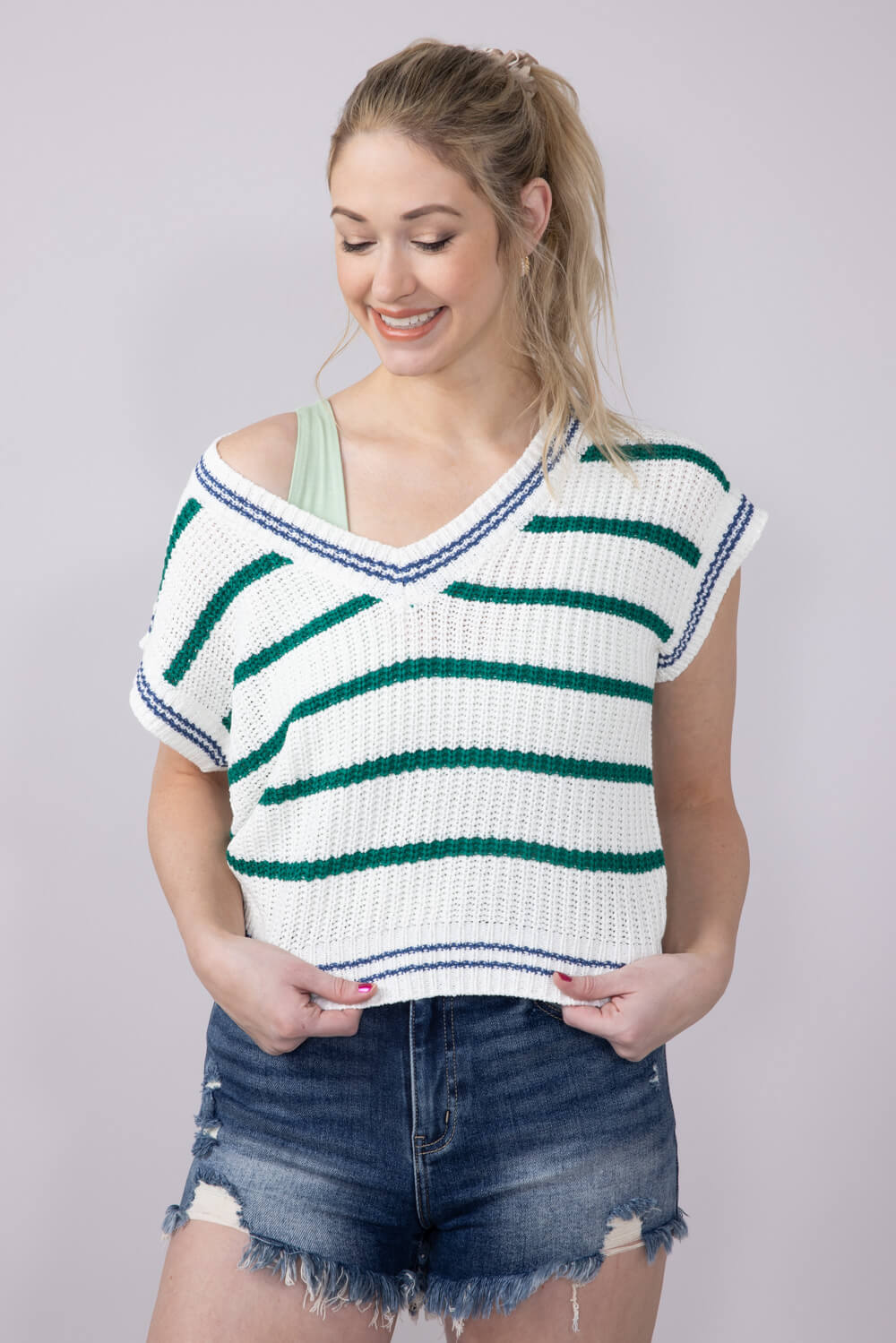 Simply Southern Womens Clothing Jeckyl Striped Cap Sleeve Sweater for Women in Green
