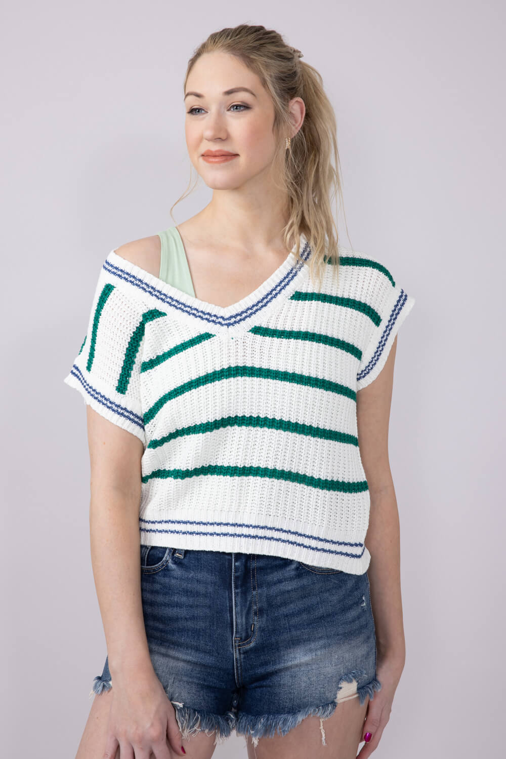 Simply Southern Womens Clothing Jeckyl Striped Cap Sleeve Sweater for Women in Green