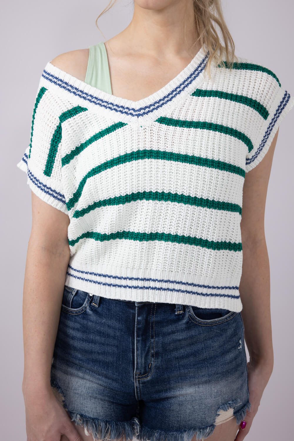 Simply Southern Womens Clothing Jeckyl Striped Cap Sleeve Sweater for Women in Green