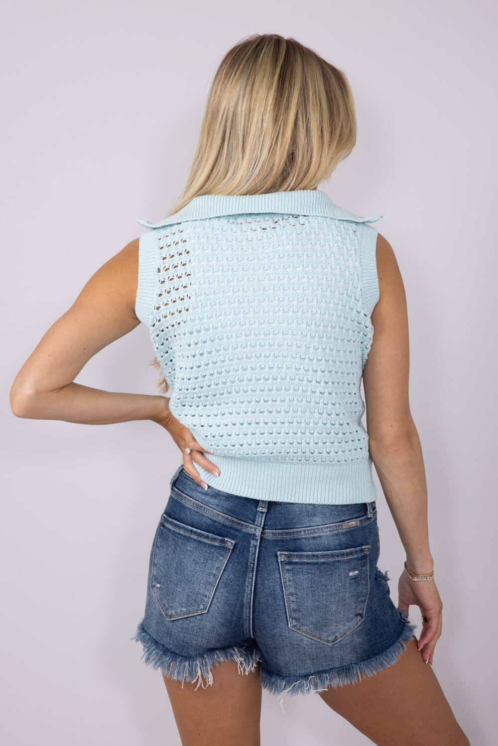 Simply Southern Womens Textured Knit Sleeveless Sweater for Women in Blue