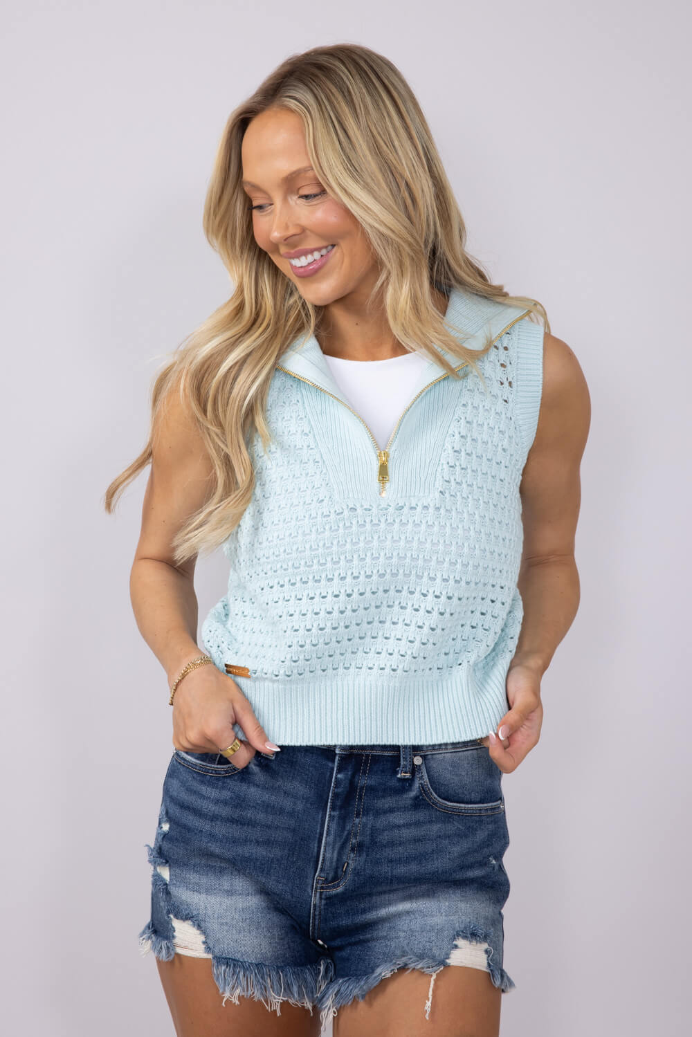 Simply Southern Womens Textured Knit Sleeveless Sweater for Women in Blue