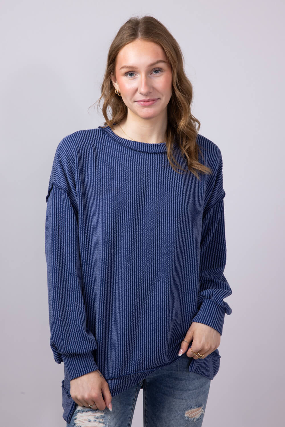 Simply Southern Womens Clothing Urban Ribbed Knit Hi-Lo Top for Women in Navy