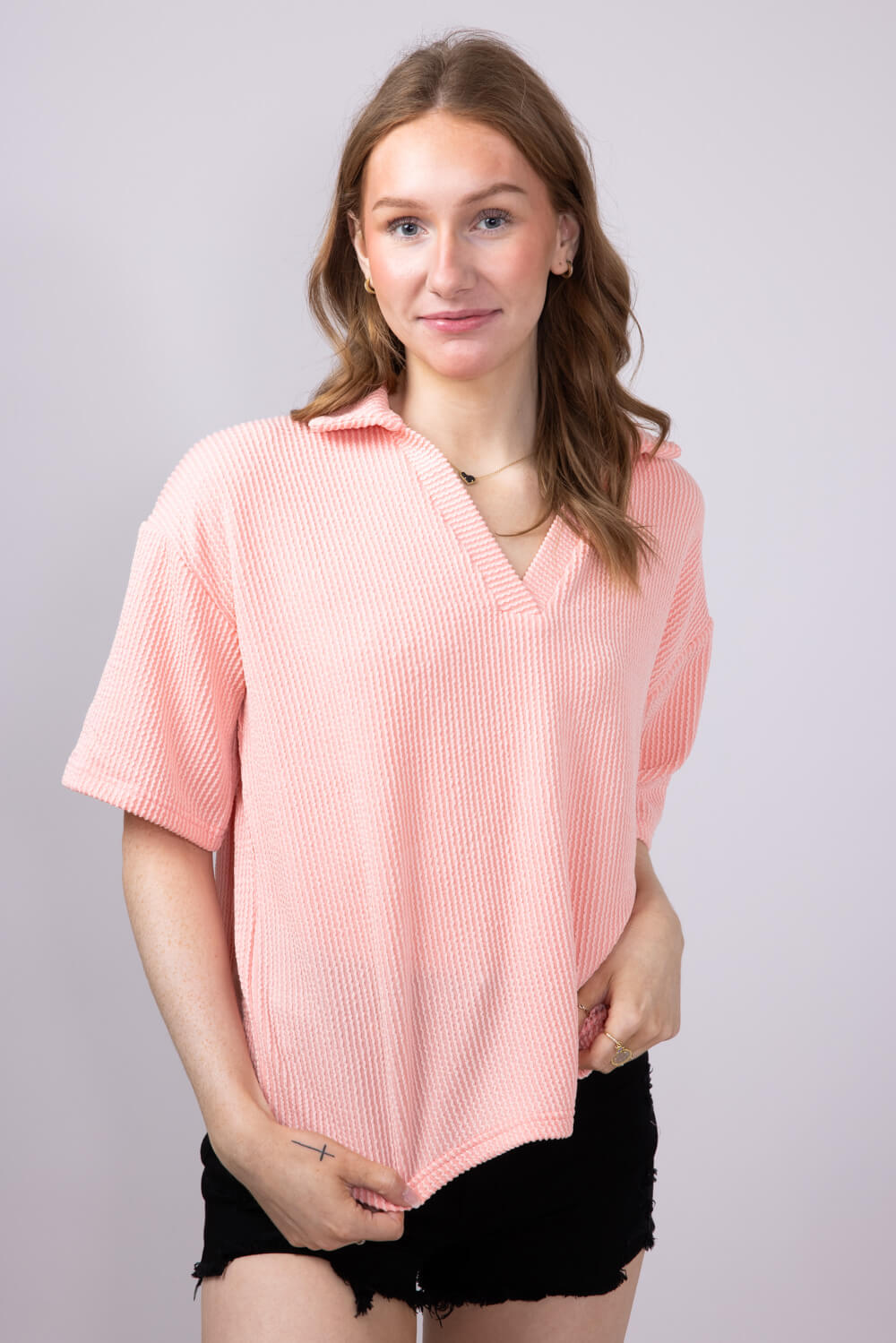 Simply Southern Urban Ribbed Knit Johnny Collar Top for Women in Coral