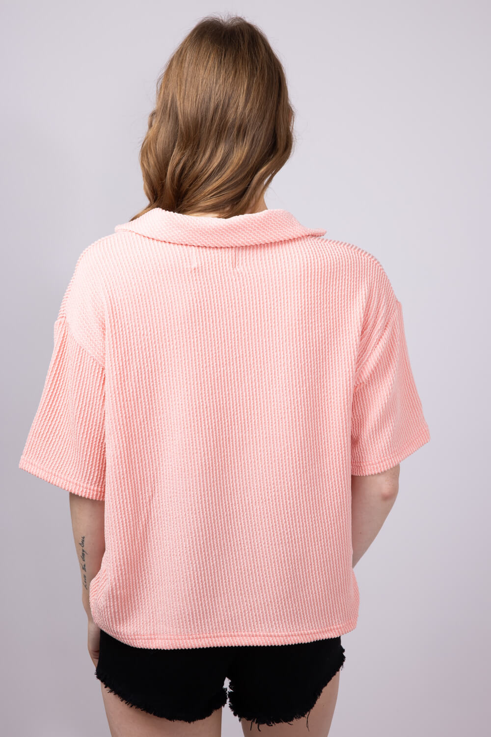 Simply Southern Urban Ribbed Knit Johnny Collar Top for Women in Coral