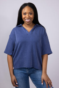 Simply Southern Urban Ribbed Knit Johnny Collar Top for Women in Navy
