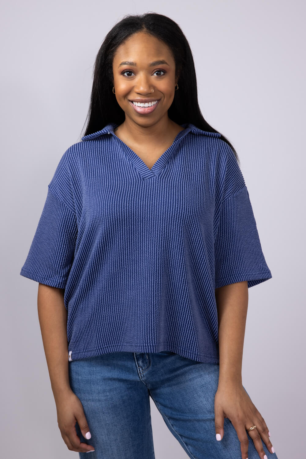 Simply Southern Urban Ribbed Knit Johnny Collar Top for Women in Navy