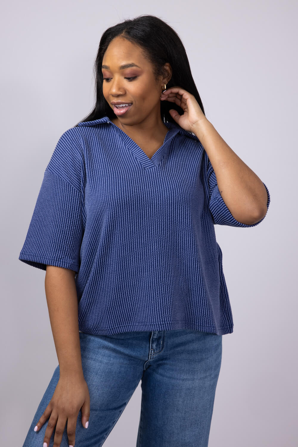 Simply Southern Urban Ribbed Knit Johnny Collar Top for Women in Navy