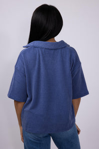 Simply Southern Urban Ribbed Knit Johnny Collar Top for Women in Navy