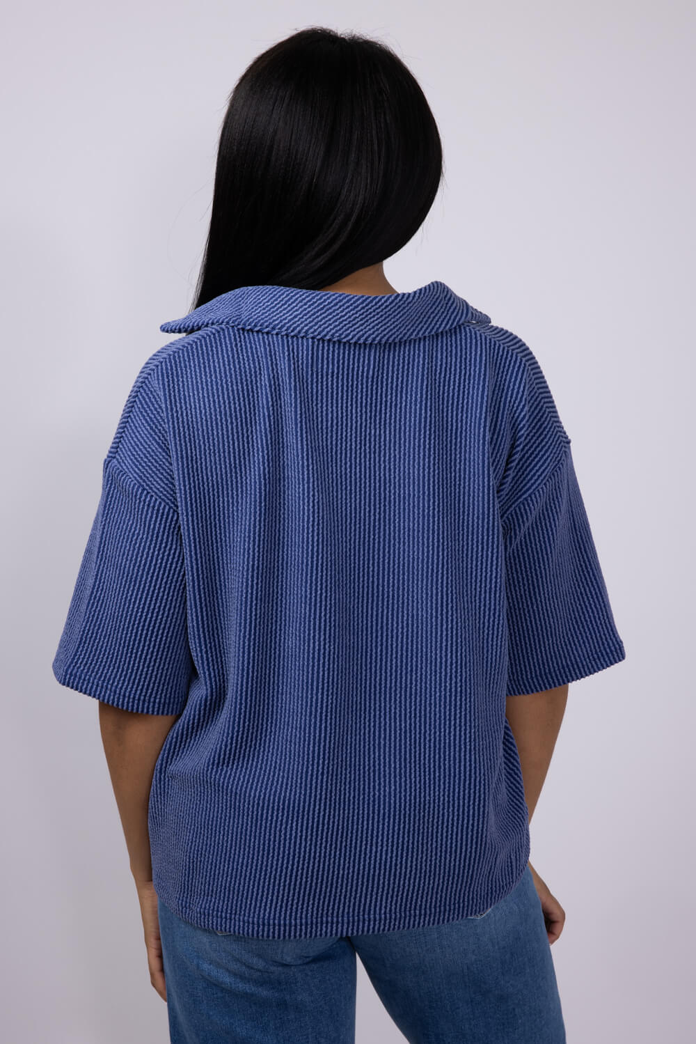 Simply Southern Urban Ribbed Knit Johnny Collar Top for Women in Navy