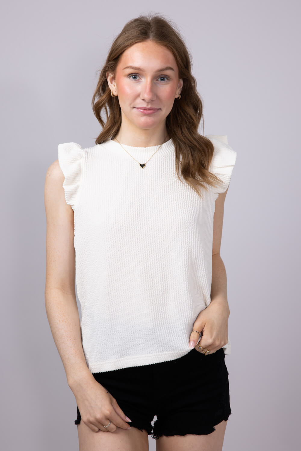 Womens Simply Southern Clothing Urban Ribbed Knit Ruffled Sleeve Top for Women in Ivory