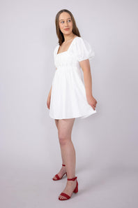 Square Neck Puff Short Sleeve Dress for Women in White