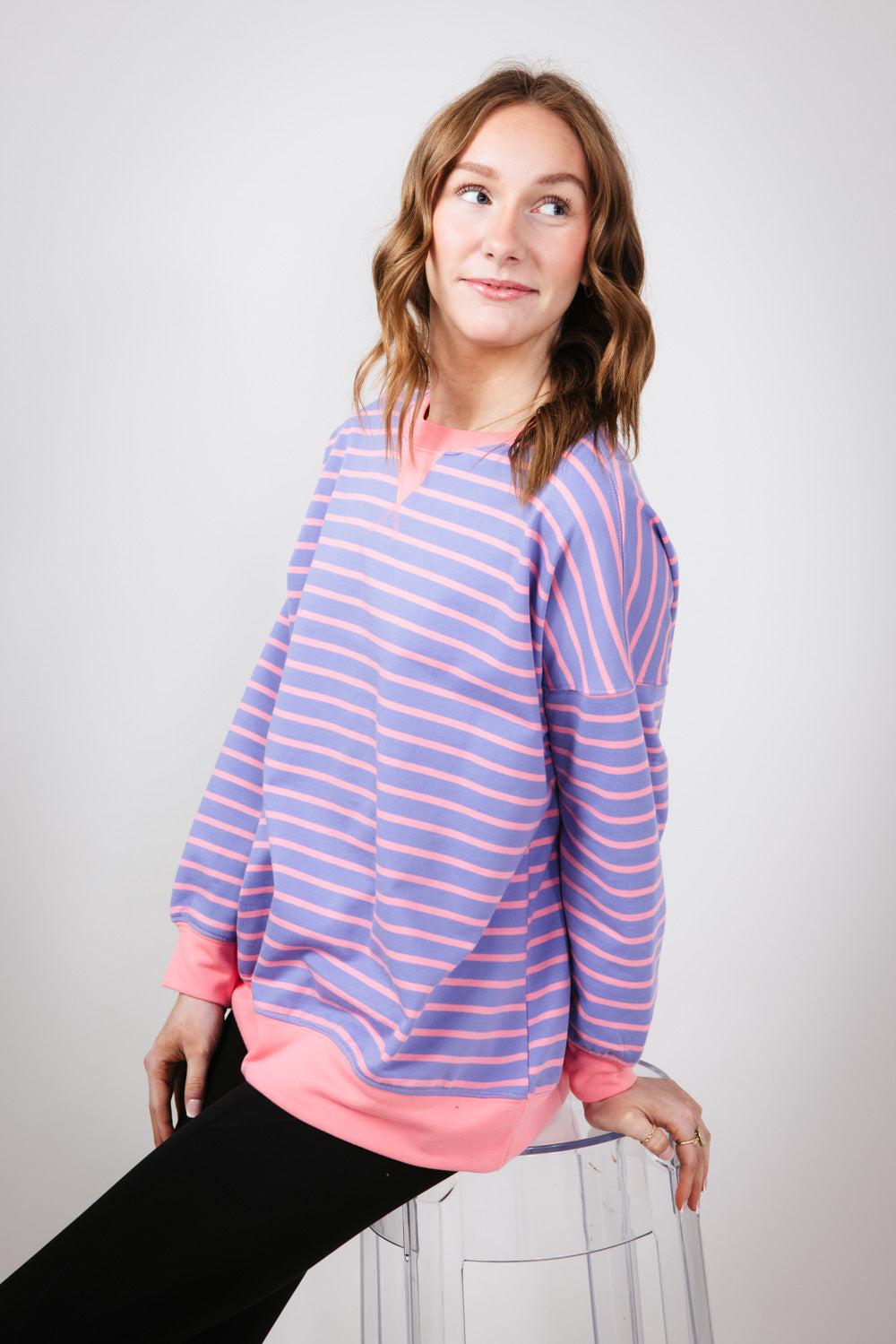 Striped Relaxed French Terry Sweatshirt for Women in Purple/Pink