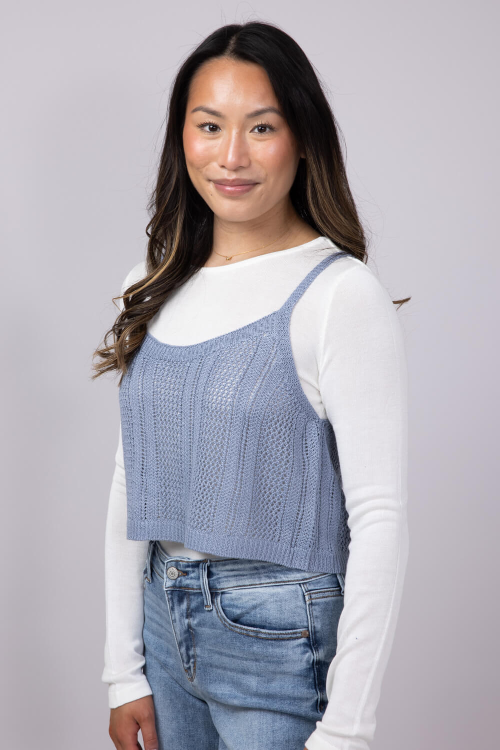 Tank & Long Sleeve Shirt Set for Women in White/Blue