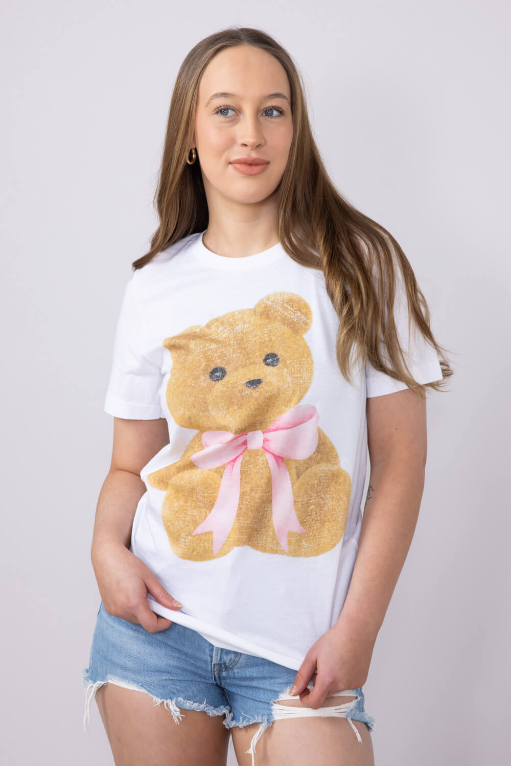 Teddy Bear Bow Graphic T-Shirt for Women in White