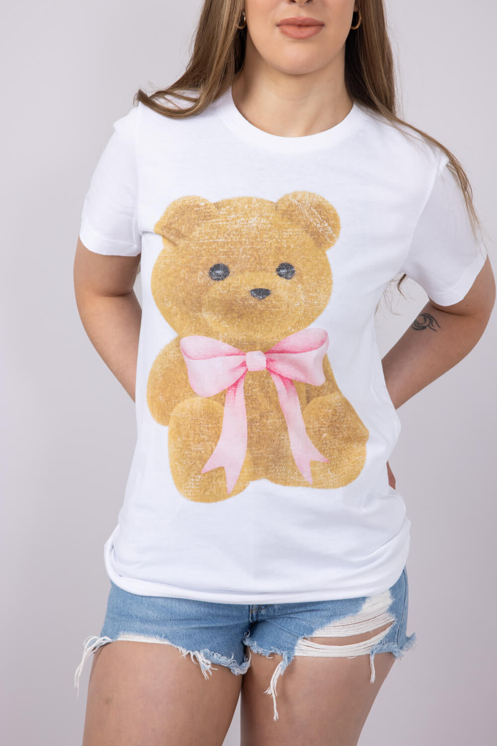 Teddy Bear Bow Graphic T-Shirt for Women in White