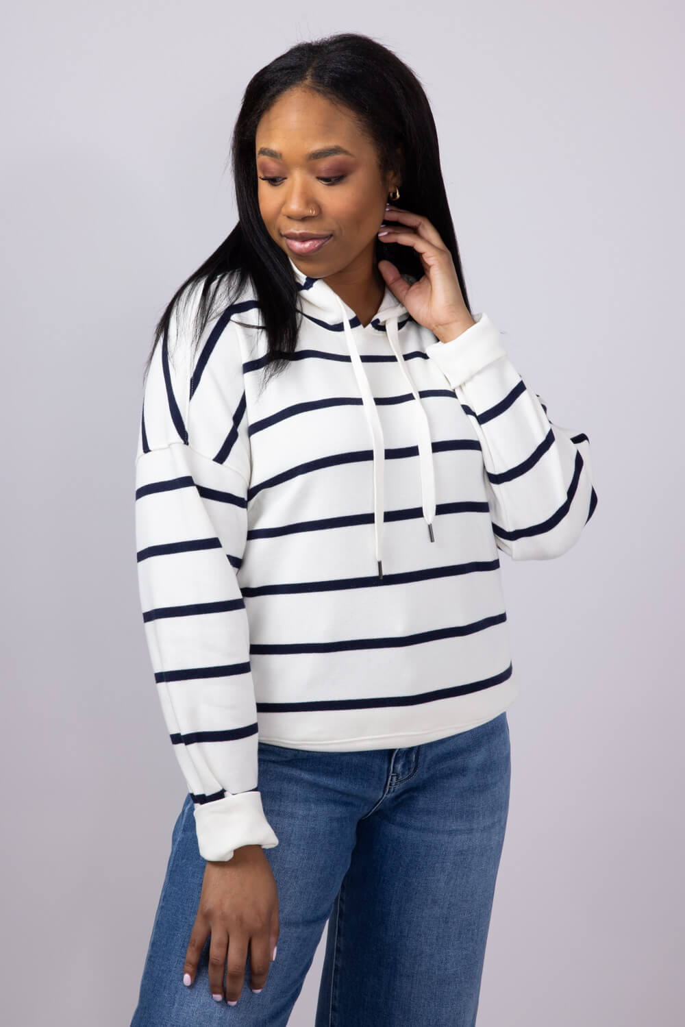 Thread & Supply Avalon Striped Hoodie for Women in Ivory/Blue