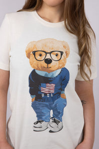 USA Teddy Bear Graphic T-Shirt for Women in Ivory