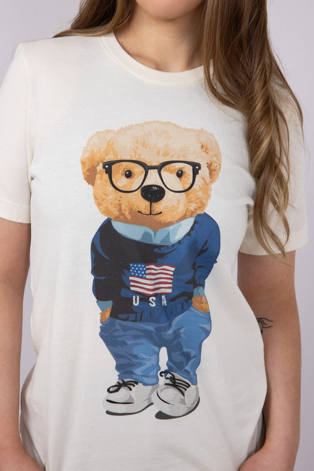 USA Teddy Bear Graphic T-Shirt for Women in Ivory