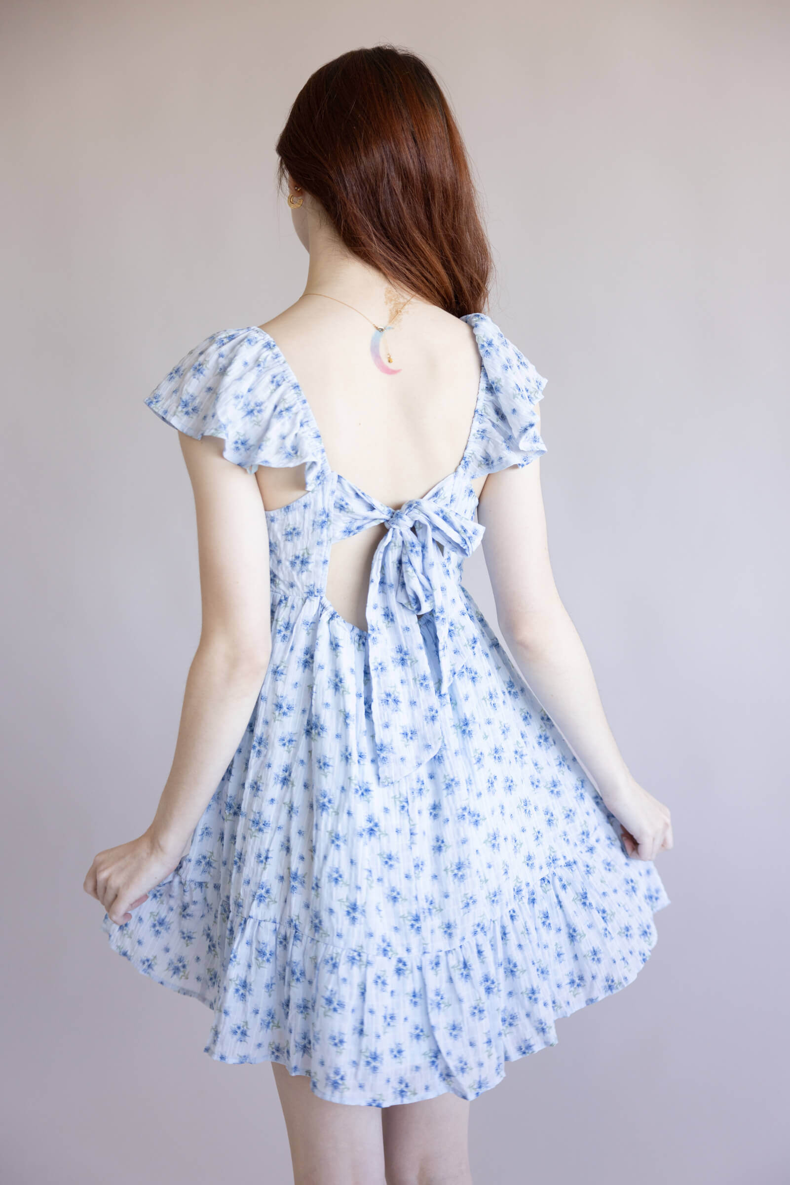 Floral Flutter Sleeve Dress for Women in Sky Blue