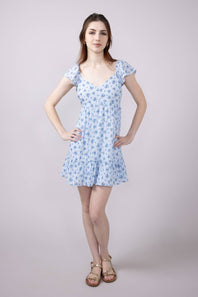 Floral Flutter Sleeve Dress for Women in Sky Blue