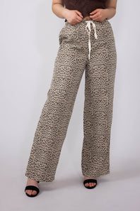 Leopard Print Drawstring Pants for Women in Brown