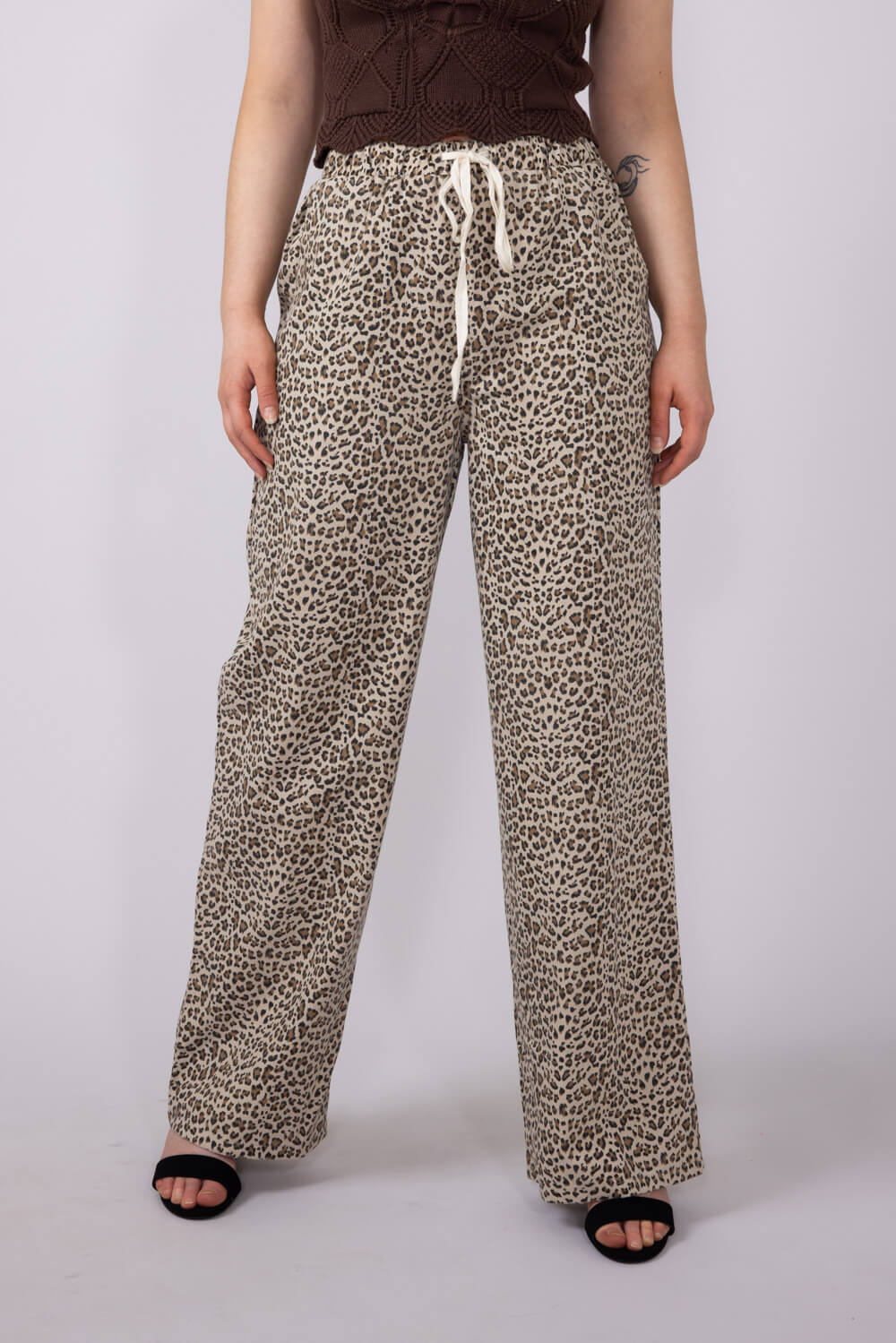 Leopard Print Drawstring Pants for Women in Brown