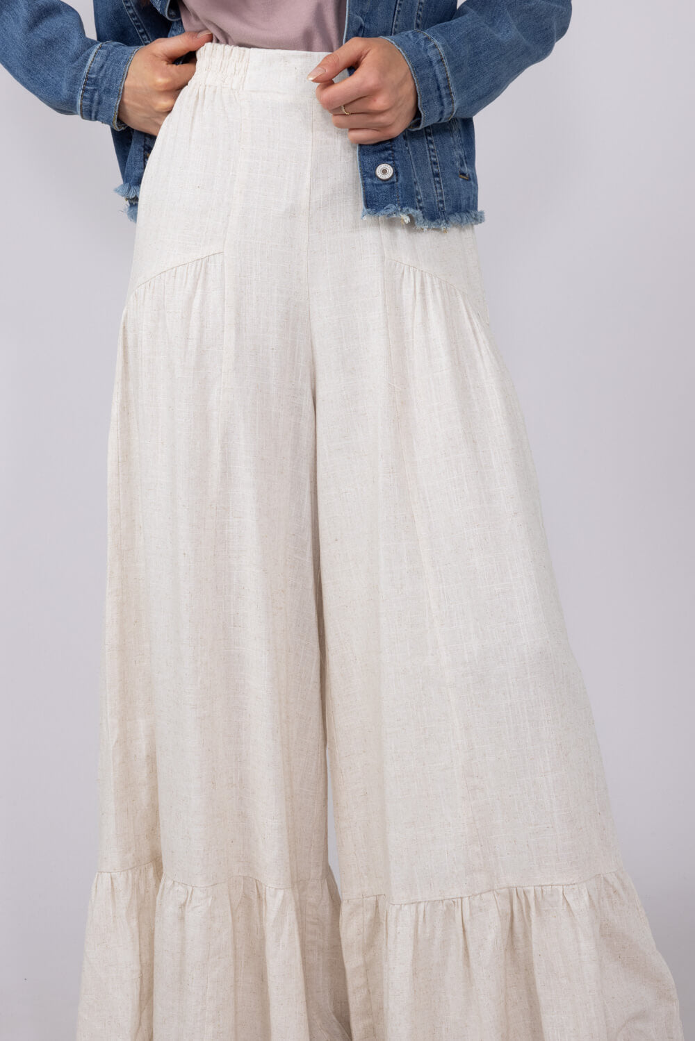 Linen Tiered Wide Leg Pants for Women in Oatmeal