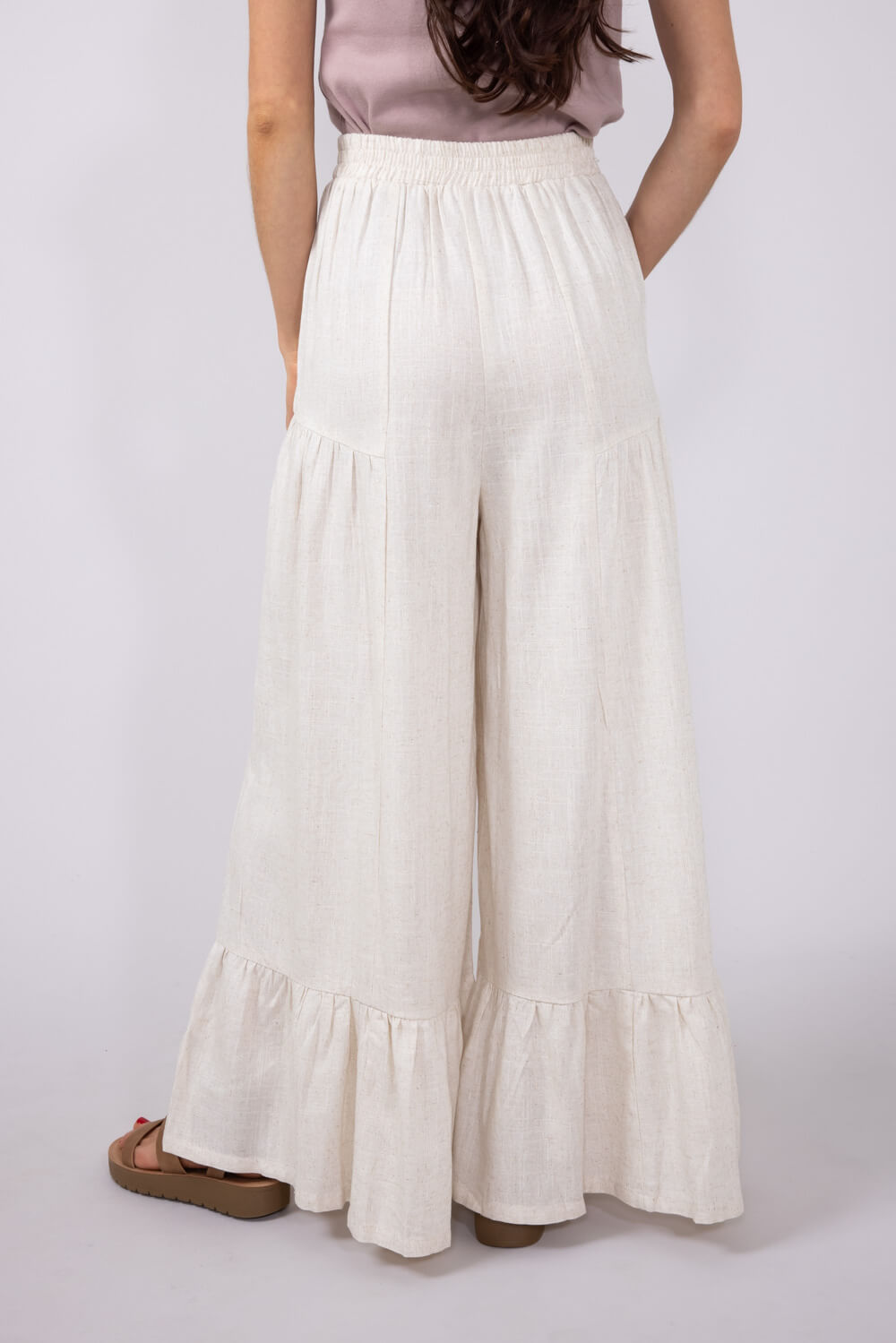 Linen Tiered Wide Leg Pants for Women in Oatmeal