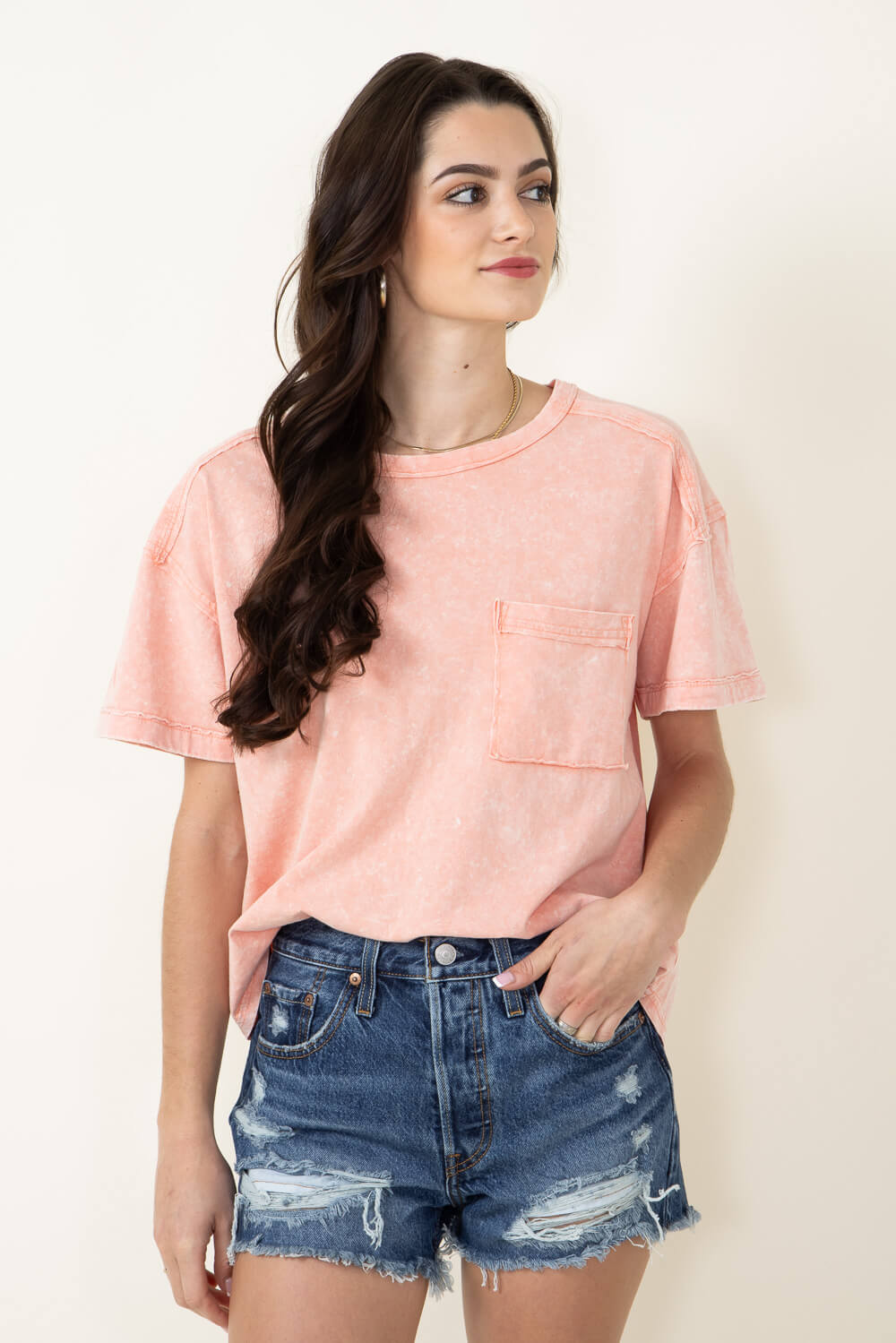 Mineral Wash Knit T-Shirt for Women in Peach