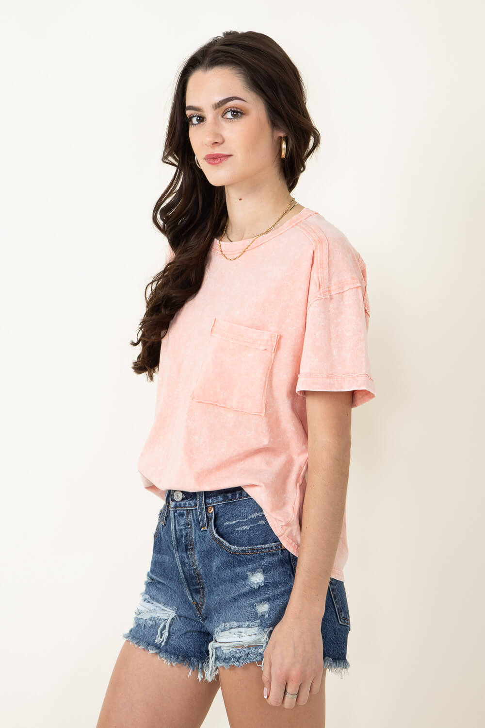 Mineral Wash Knit T-Shirt for Women in Peach