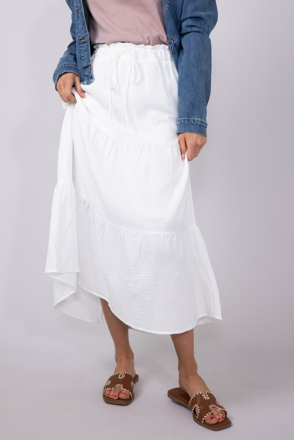 Tiered Gauze Drawstring Midi Skirt for Women in White
