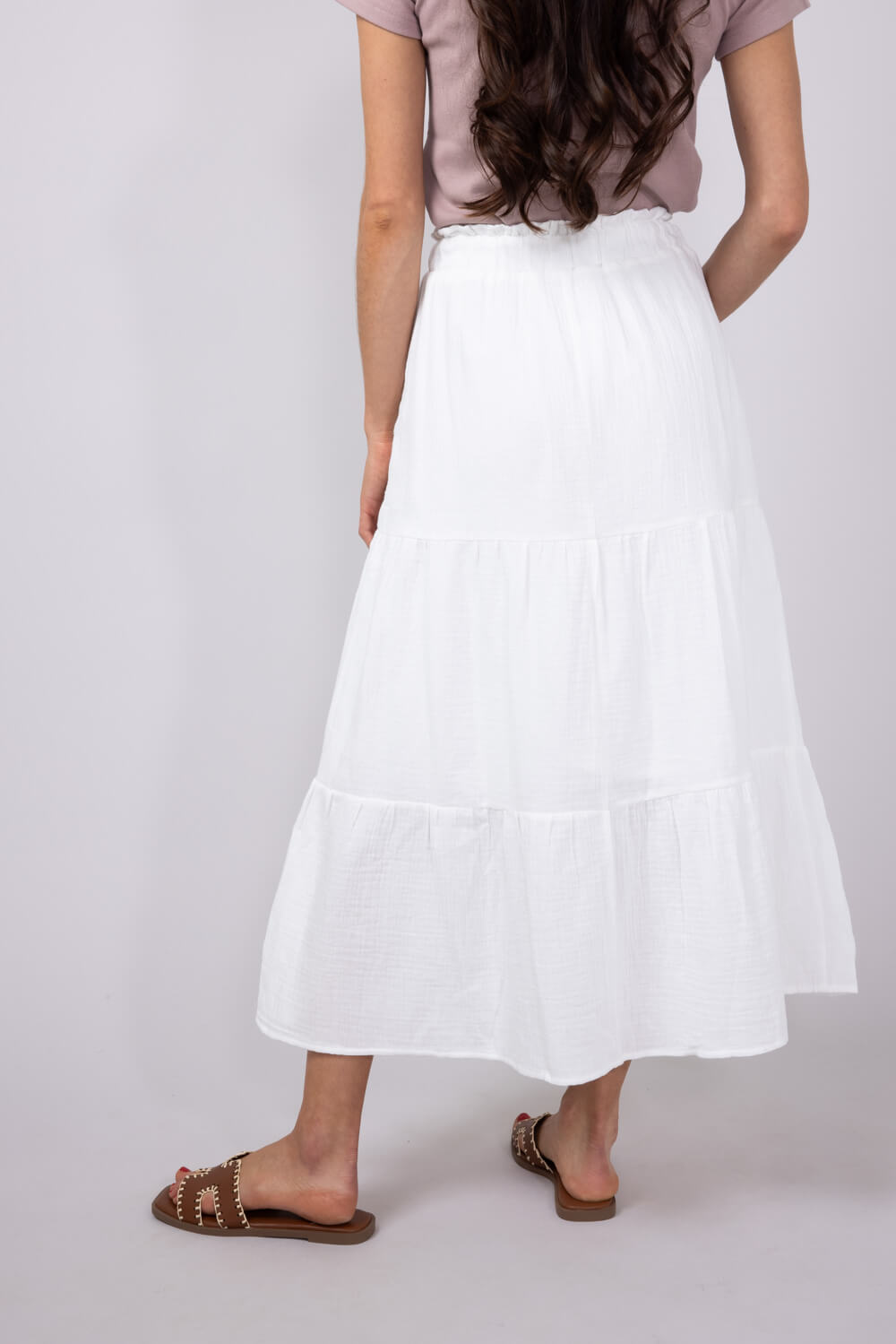 Tiered Gauze Drawstring Midi Skirt for Women in White