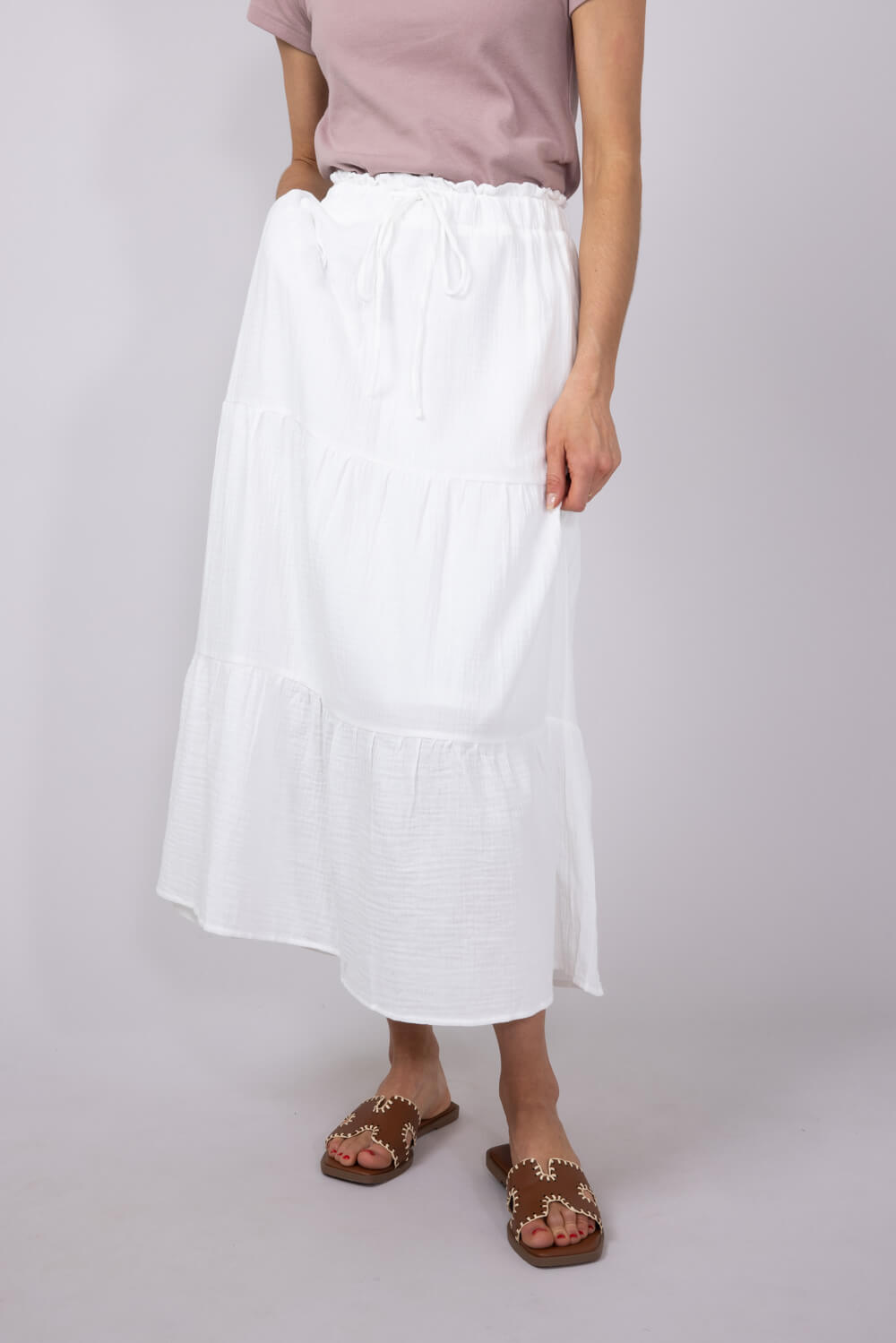 Tiered Gauze Drawstring Midi Skirt for Women in White
