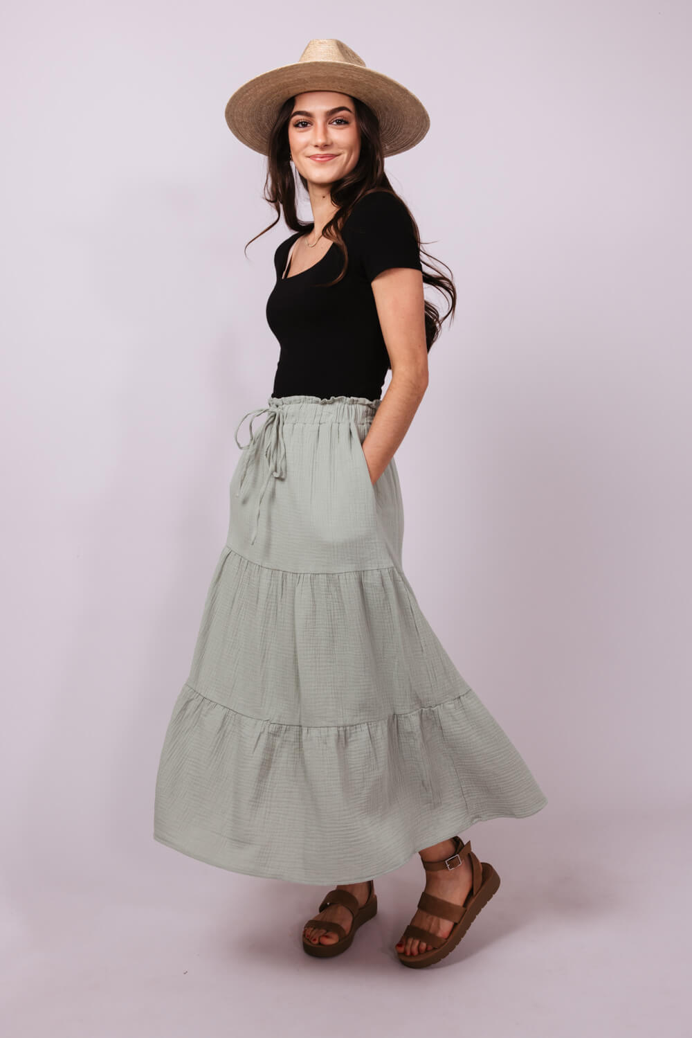 Tiered Gauze Drawstring Midi Skirt for Women in Sage