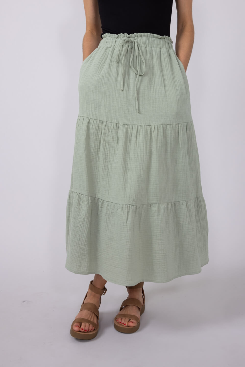 Tiered Gauze Drawstring Midi Skirt for Women in Sage
