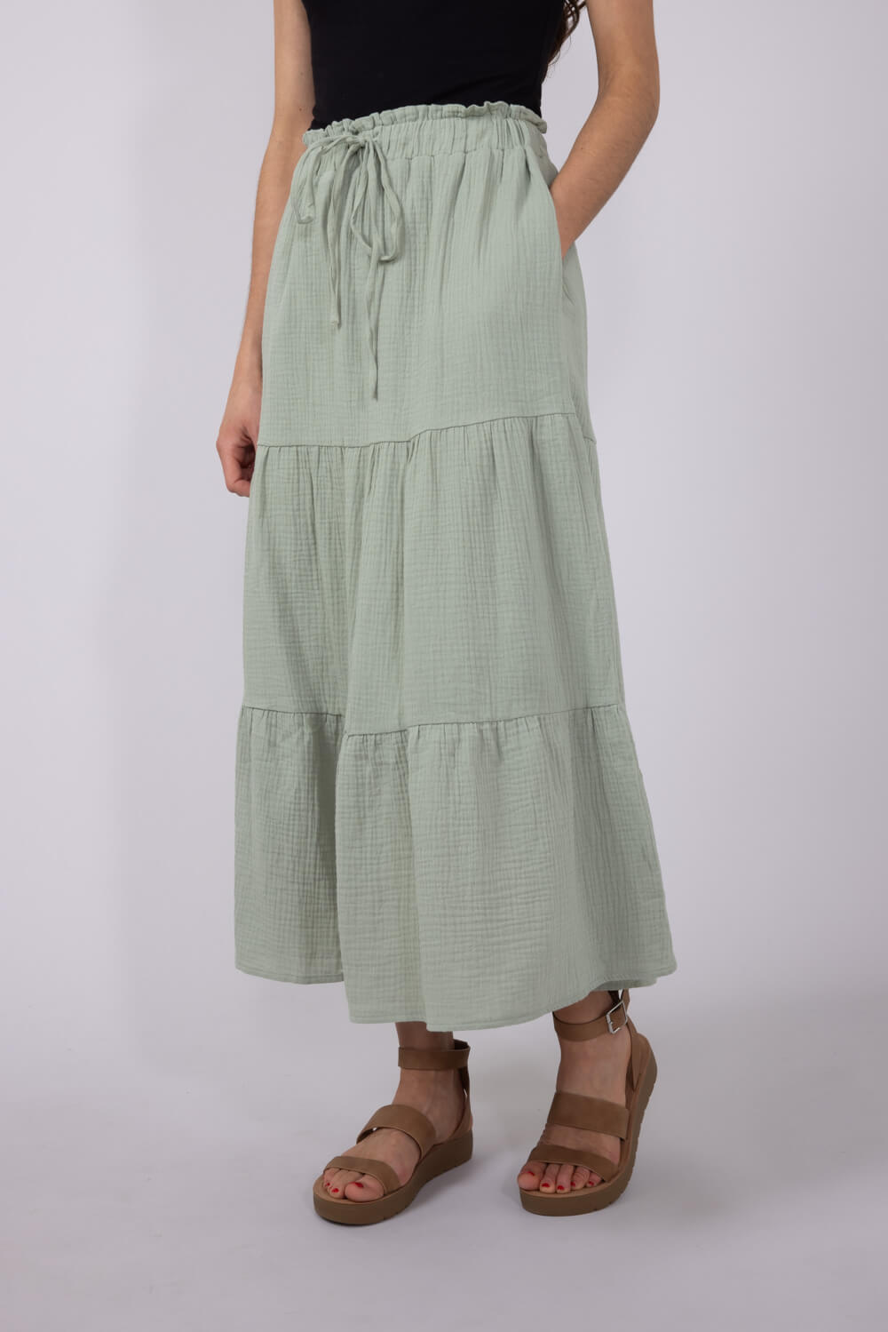 Tiered Gauze Drawstring Midi Skirt for Women in Sage