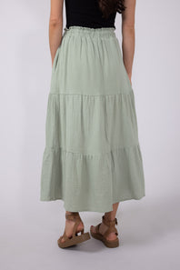 Tiered Gauze Drawstring Midi Skirt for Women in Sage