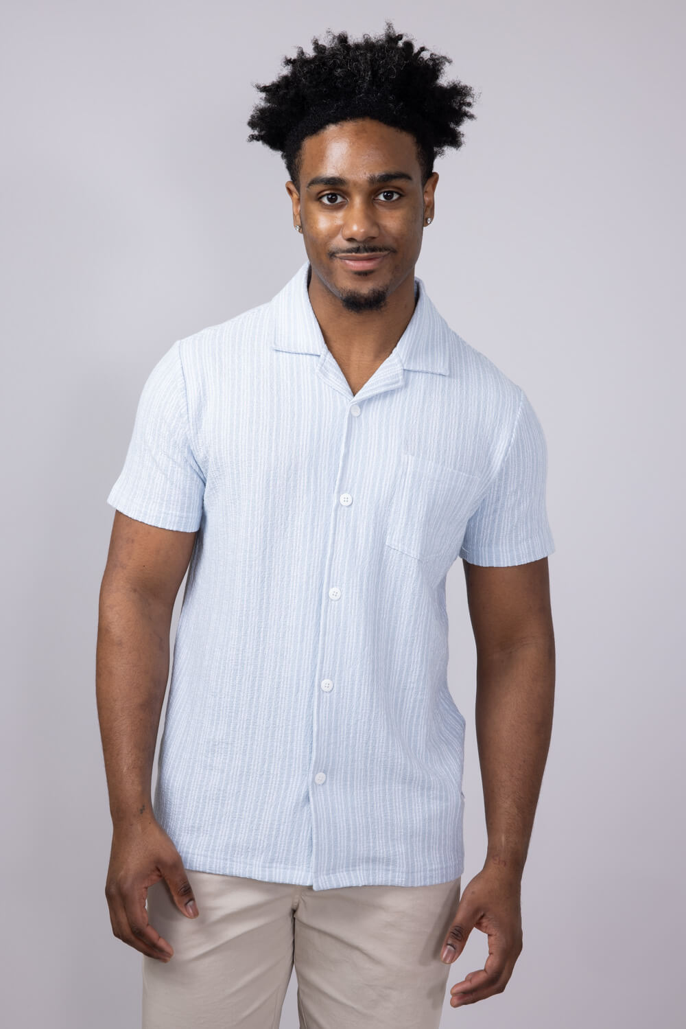 Vintage Summer Novelty Knit Button Up Shirt for Men in Light Blue
