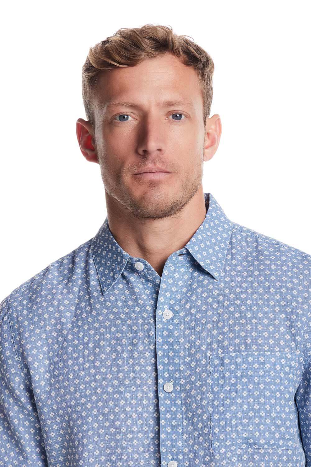 Weatherproof Vintage Cotton Linen Pattern Button Up Shirt for Men in Riverside Blue