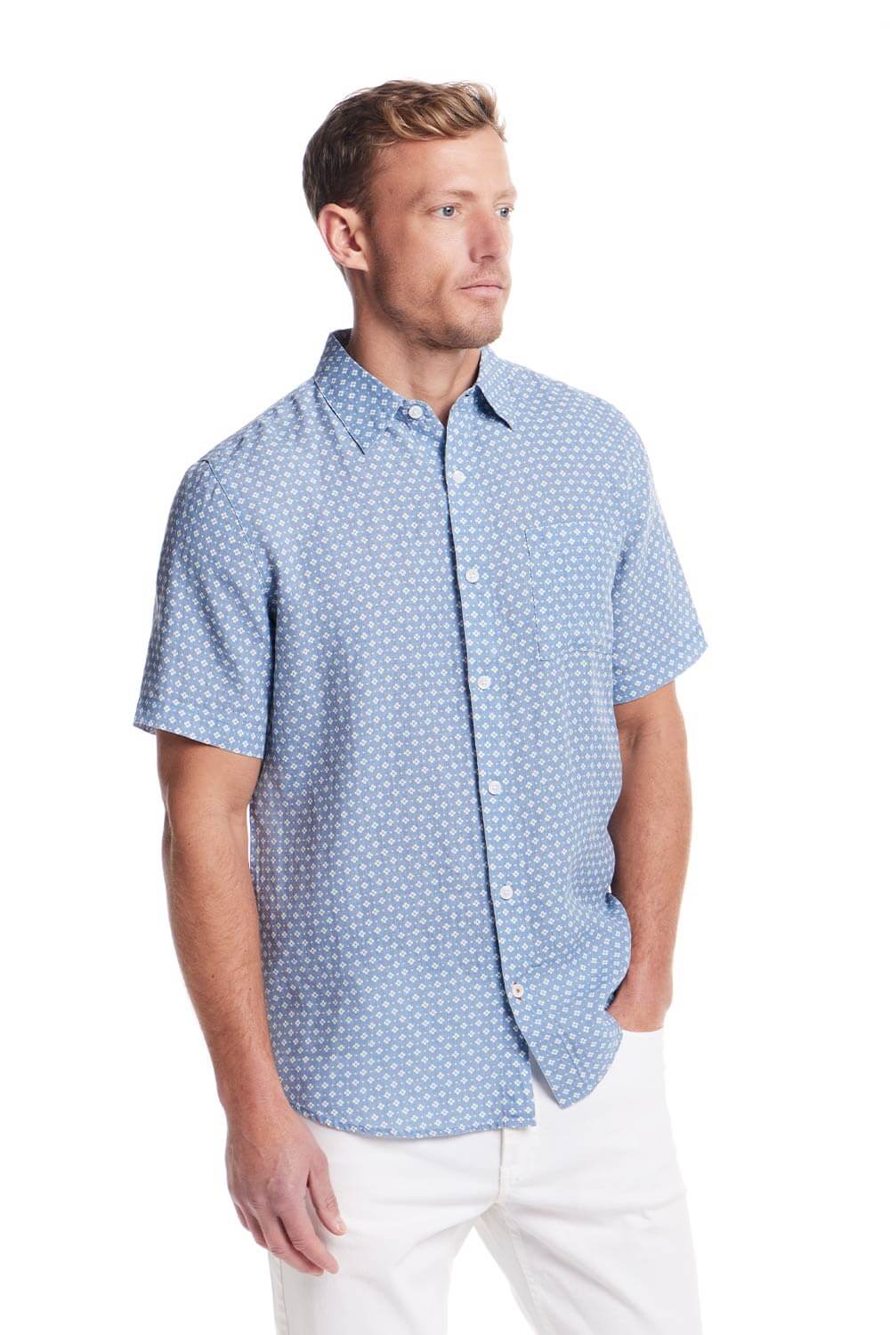 Weatherproof Vintage Cotton Linen Pattern Button Up Shirt for Men in Riverside Blue