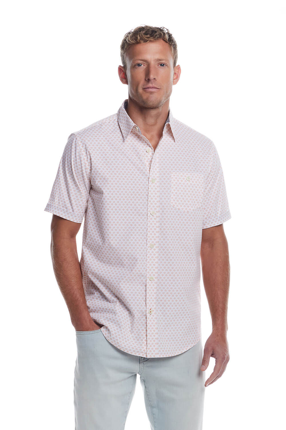 Weatherproof Vintage Cotton Poplin Button Up Shirt for Men in Peach Blossom