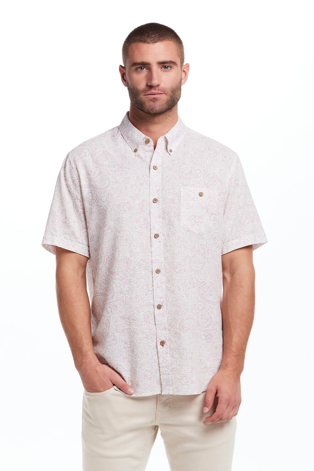 Weatherproof Vintage Cotton Linen Paisley Button Up Shirt for Men in Lilac