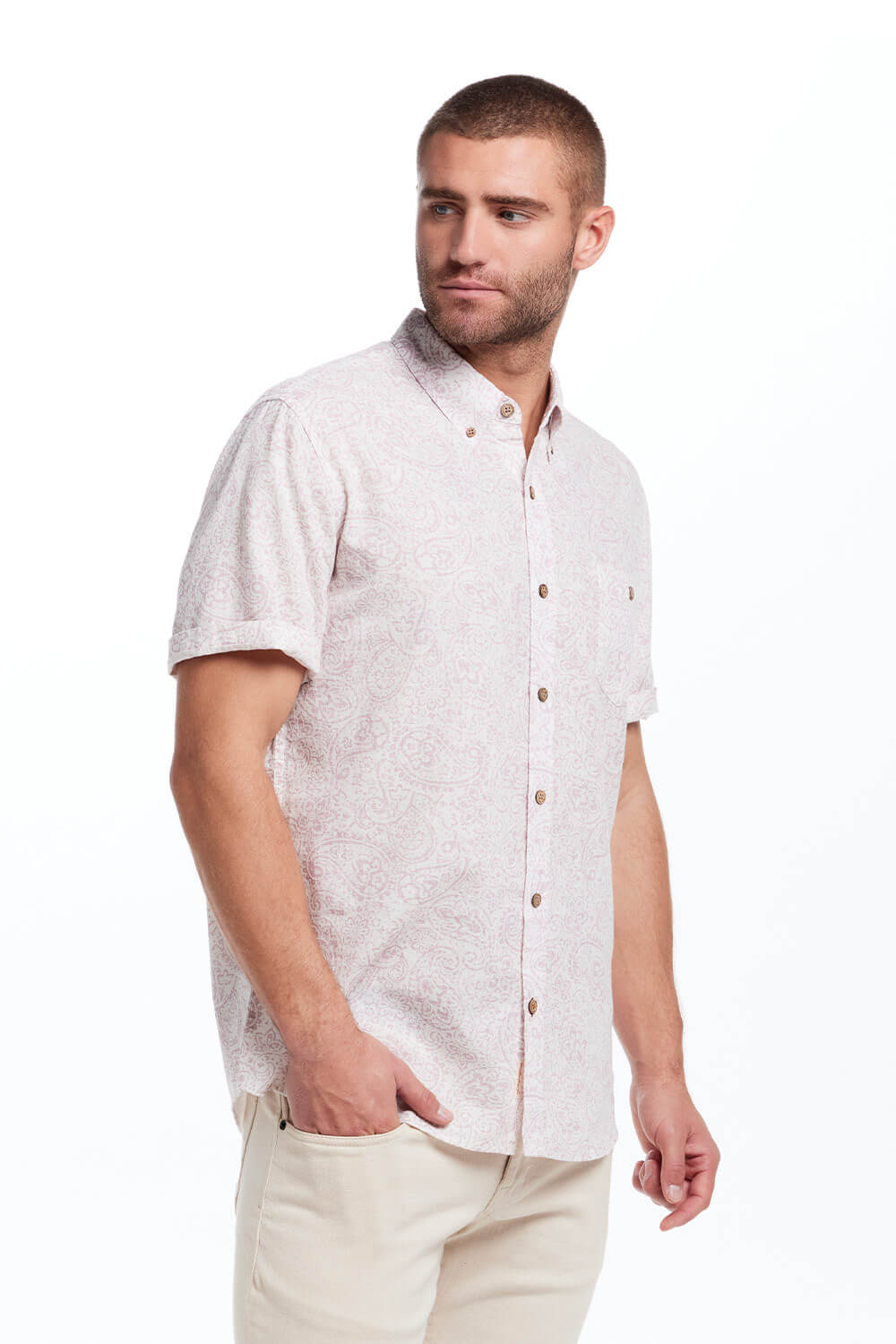 Weatherproof Vintage Cotton Linen Paisley Button Up Shirt for Men in Lilac