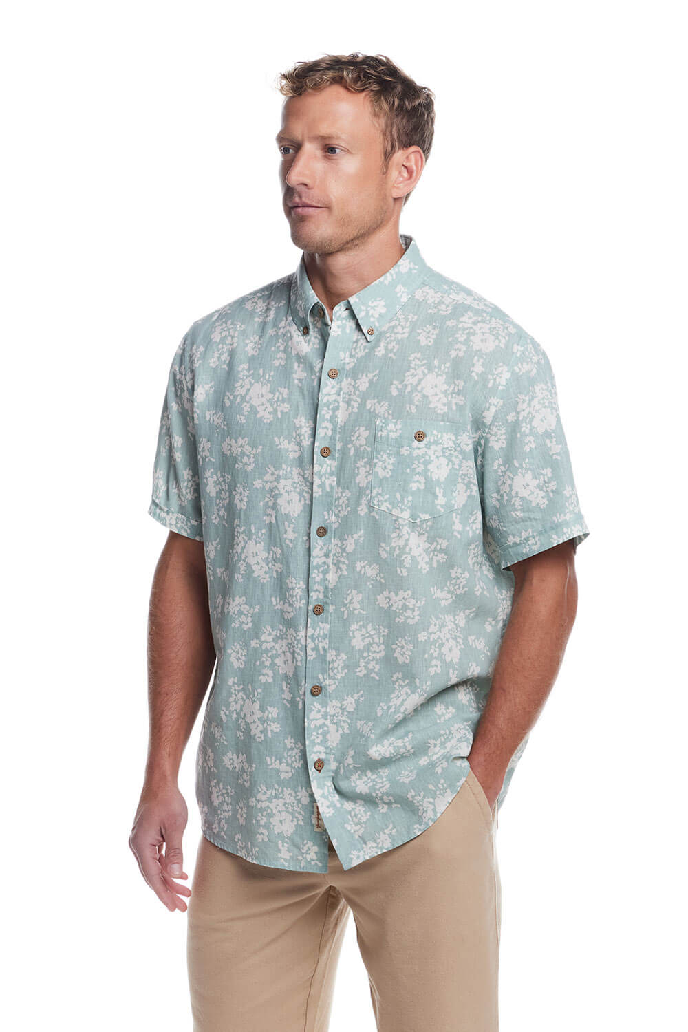 Weatherproof Vintage Cotton Linen Pattern Button Up Shirt for Men in Teal Mist