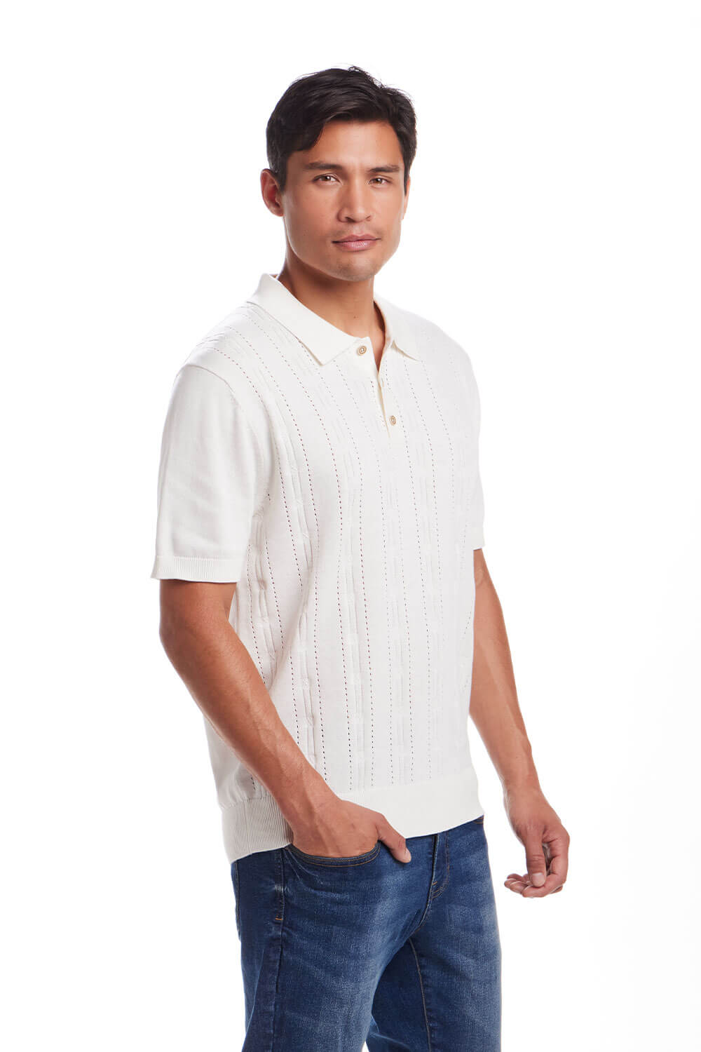 Weatherproof Vintage Pointele Sweater Polo for Men in Ecru
