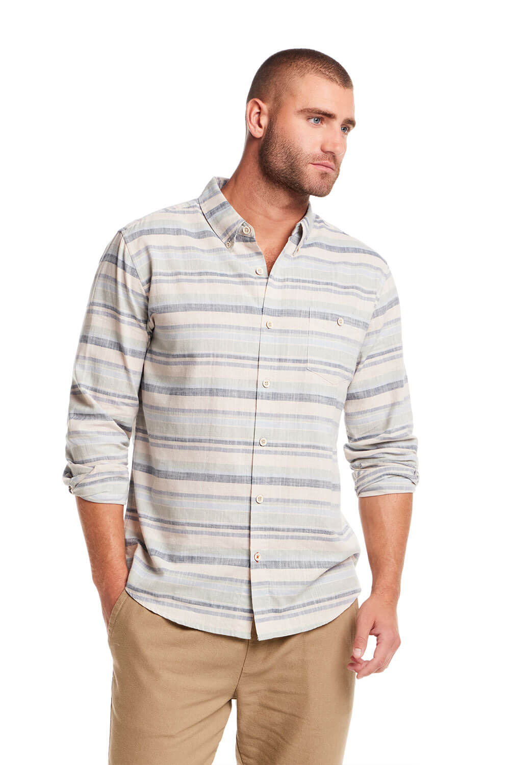 Weatherproof Vintage Stripe Button Up for Men in Dream Blue