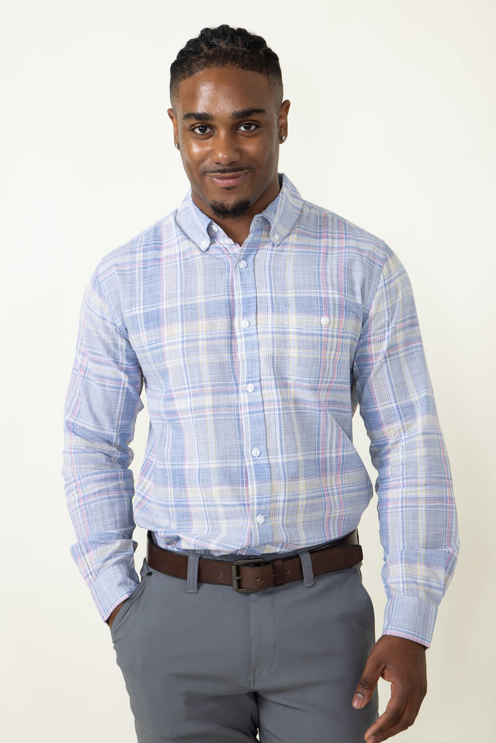 Weatherproof Vintage Woven Plaid Button Up Shirt for Men in Blue 