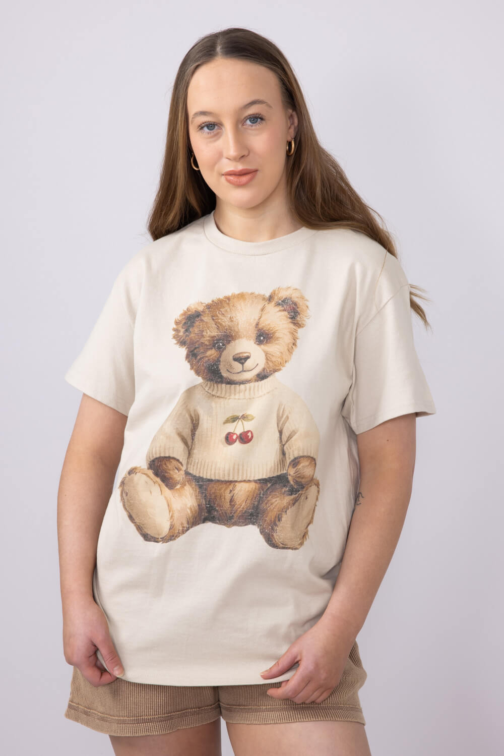 Teddy Bear Cherry Sweater Graphic T-Shirt for Women in Sand