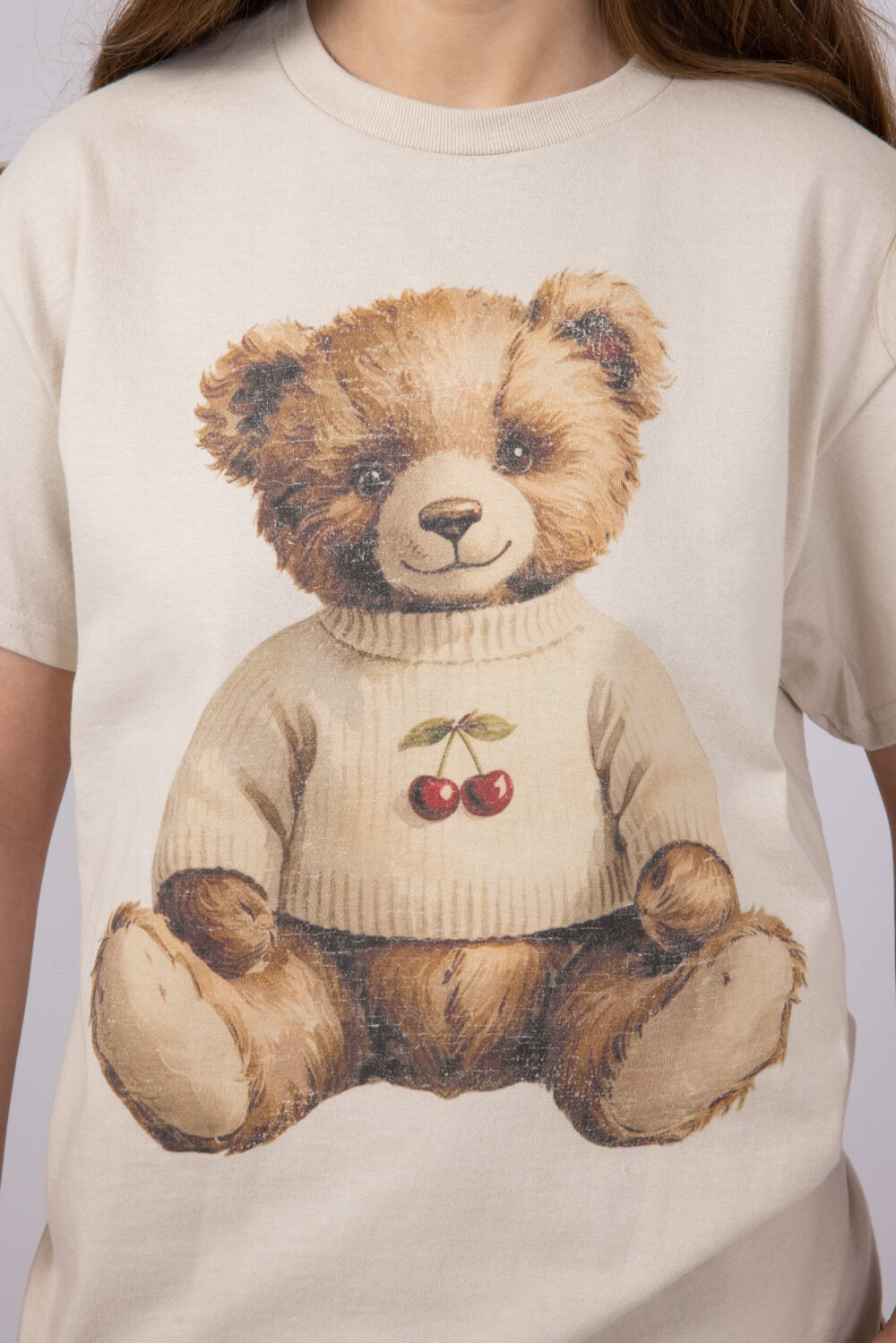 Teddy Bear Cherry Sweater Graphic T-Shirt for Women in Sand